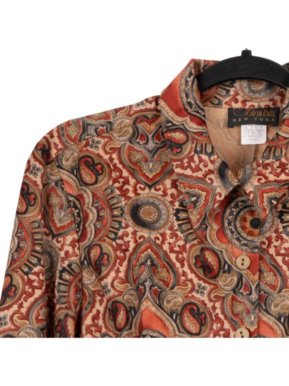 Paisley Retro Dress Shirt L Womens Napped Button Up Red Beige 90 Camp USA - Picture 2 of 6